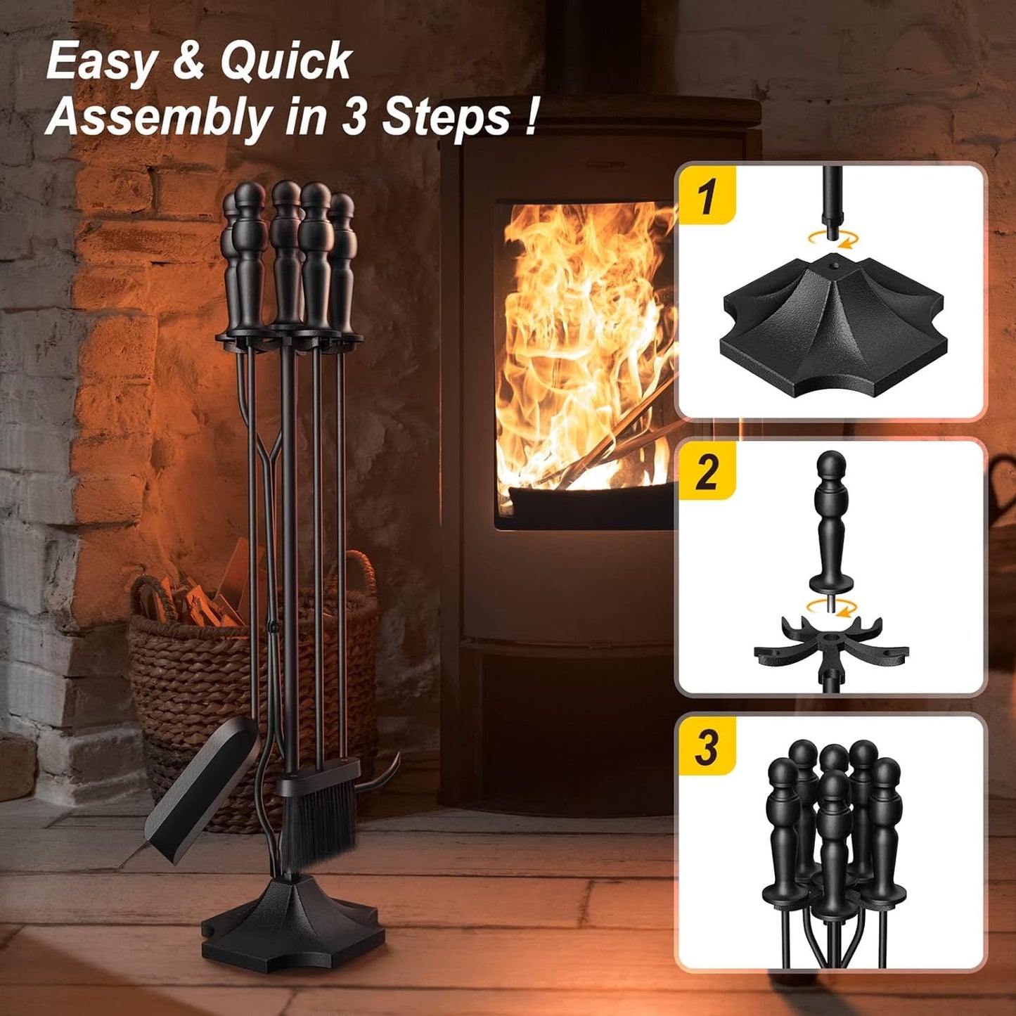 5pcs Fireplace Tool Heavy Duty Set - Stand Alone Fire Place Set - Fireplace Accessories Include Long Fire Poker, Shovel/Scooper, Tongs, Brush, Stand, for Outdoor Indoor Fire Pit