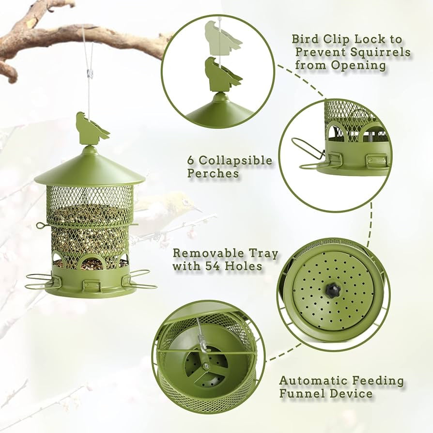 Wild Bird feeders Squirrel Proof for Outside，Metal Bird feeders for Outdoors Hanging, Retractable and Large 4 lbs Seed Capacity with 6 fold-Out Perches，Easy to Fill and Clean