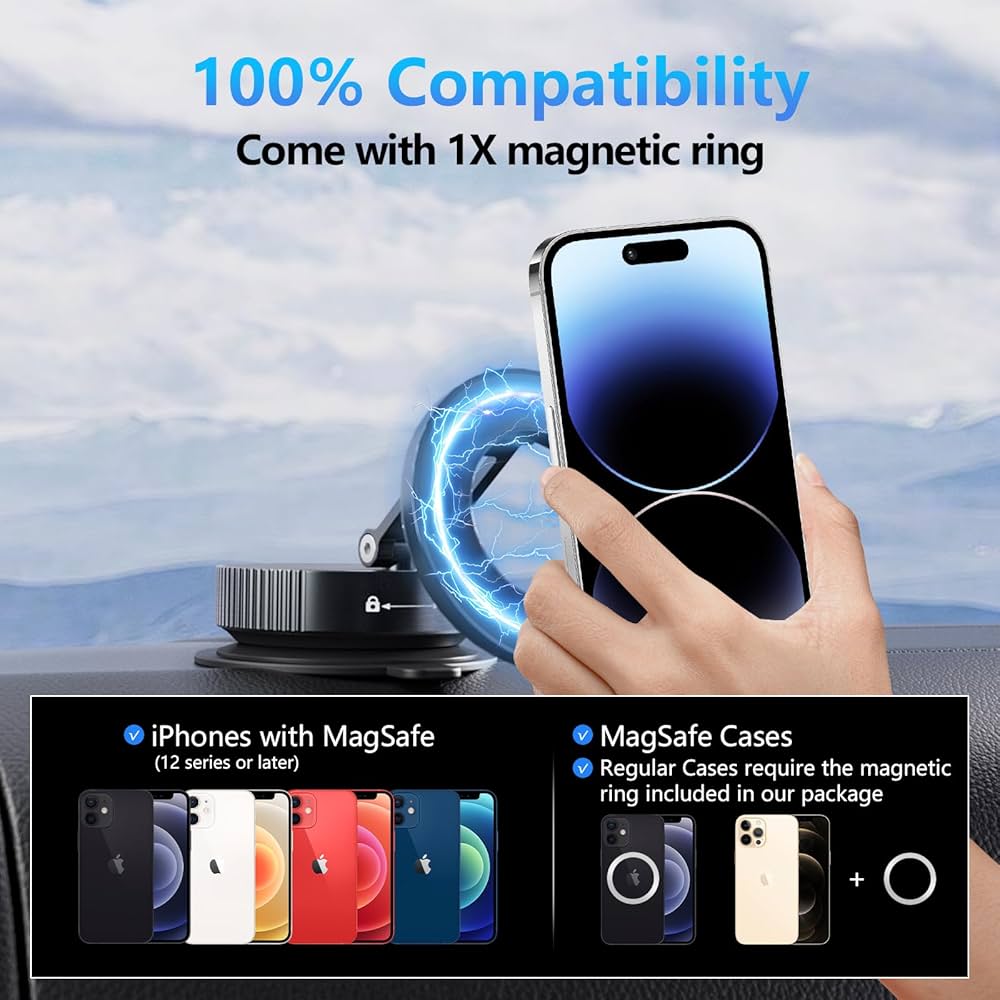 Vacuum Suction Cup Phone Mount, 360° Adjustable Magnetic Phone Holder for Car – [89+lbs Strongest Suction & 2800gf Magnetic] Swivel Lock for Car/Gym/Mirror/Shower
