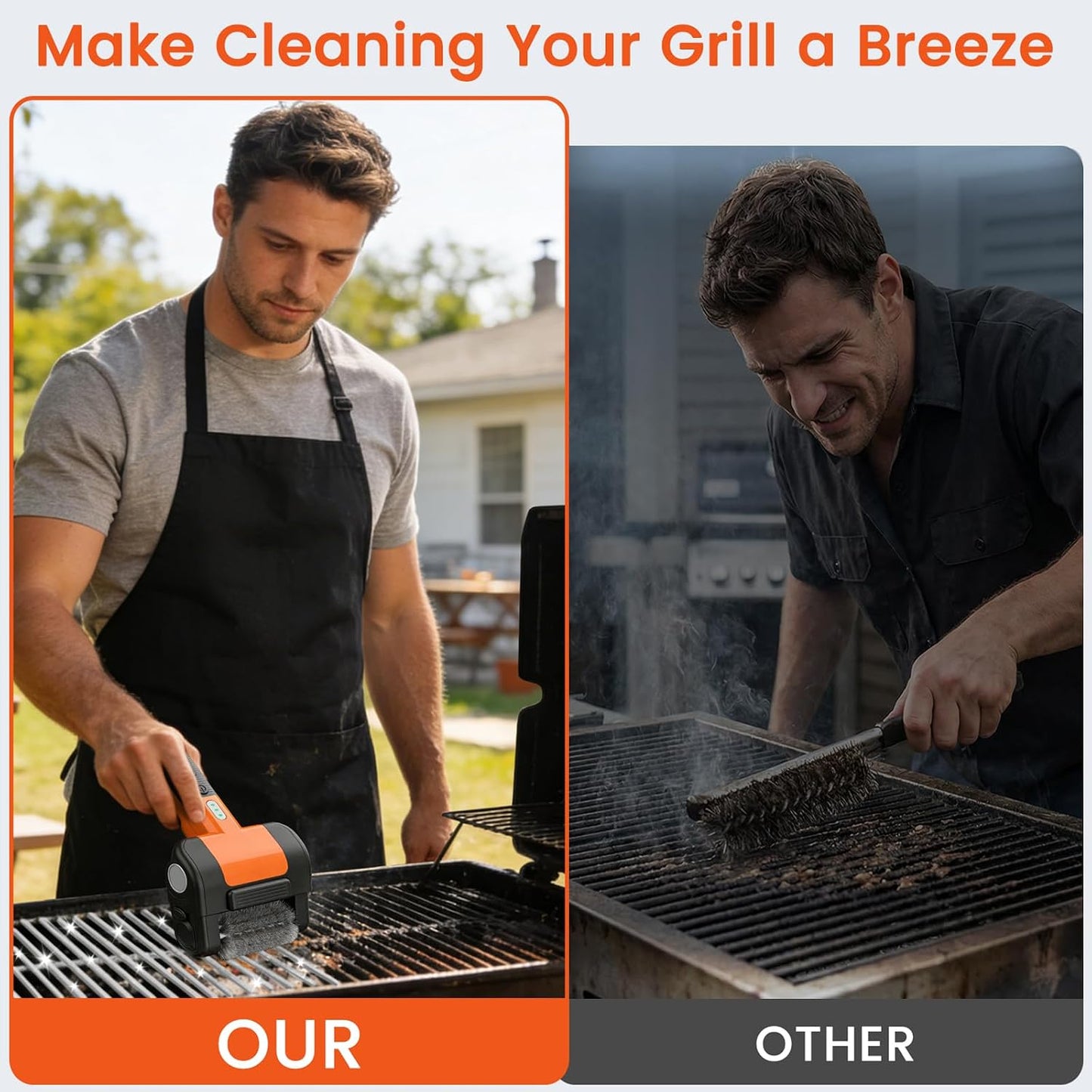 Electric Grill Brush for Outdoor,Ultra High Power Cordless BBQ Cleaner
950RPM,Rechargeable,4500mAh,Removable head,LED Light,304 Stainless Steel Reinforced Steel Bristles,Power Scrubber