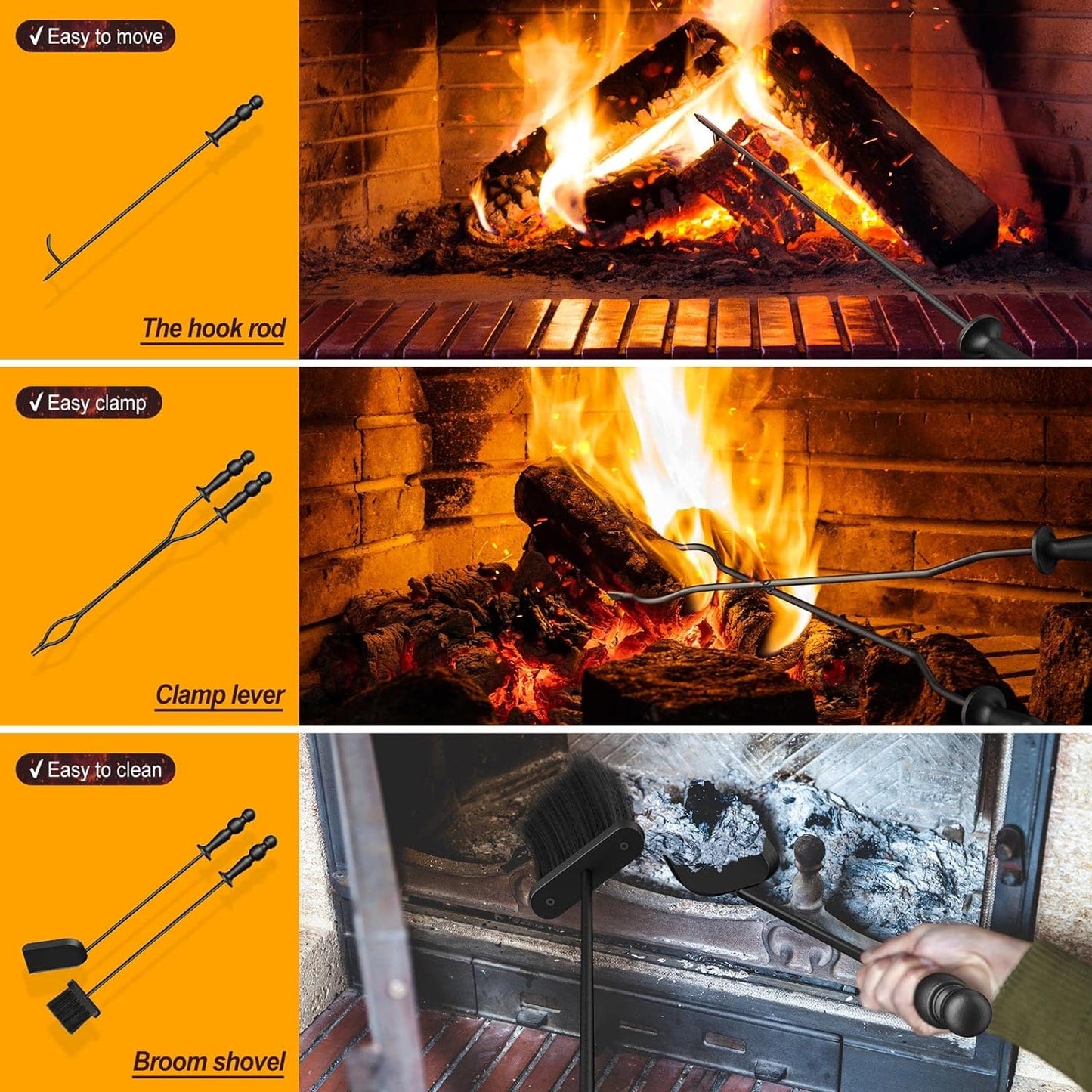 5pcs Fireplace Tool Heavy Duty Set - Stand Alone Fire Place Set - Fireplace Accessories Include Long Fire Poker, Shovel/Scooper, Tongs, Brush, Stand, for Outdoor Indoor Fire Pit