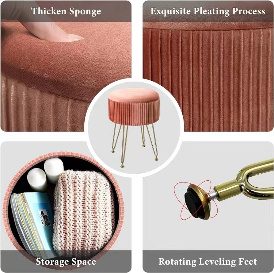 Velvet Storage Ottoman Foot Rest Makeup Footstool Velvet Footrest Chair with 4 Metal Legs Storage Stool and Ottomans for Living Room and Bedroom-Pink