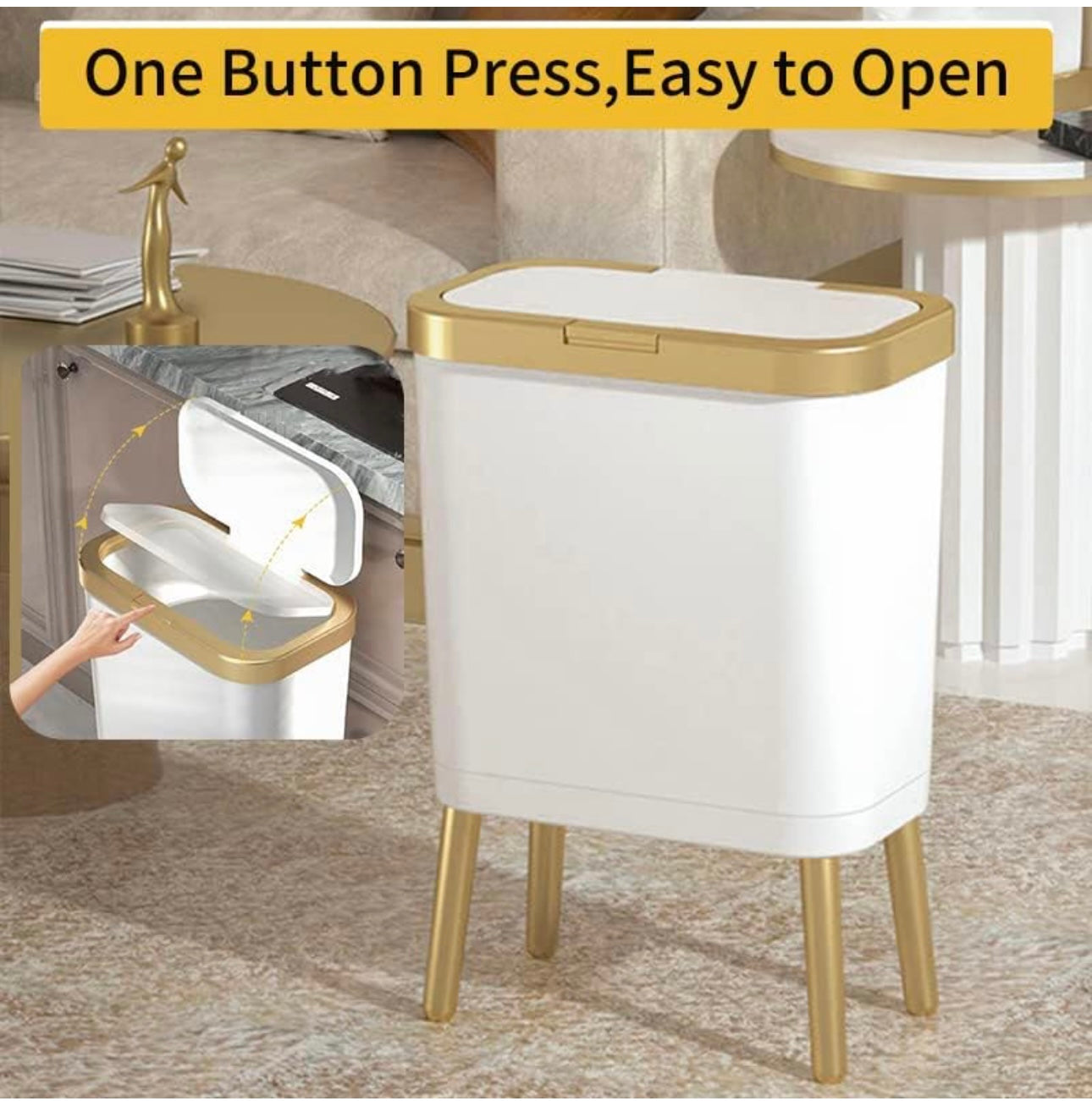 Bathroom Trash Can with Lid, Plastic Garbage Can with Lid, 4 Gal Gold Trash Bin with Push Button, Narrow White Trash Can Waste Basket for Bedroom, Living Room,Office，Dog Proof Trash Can