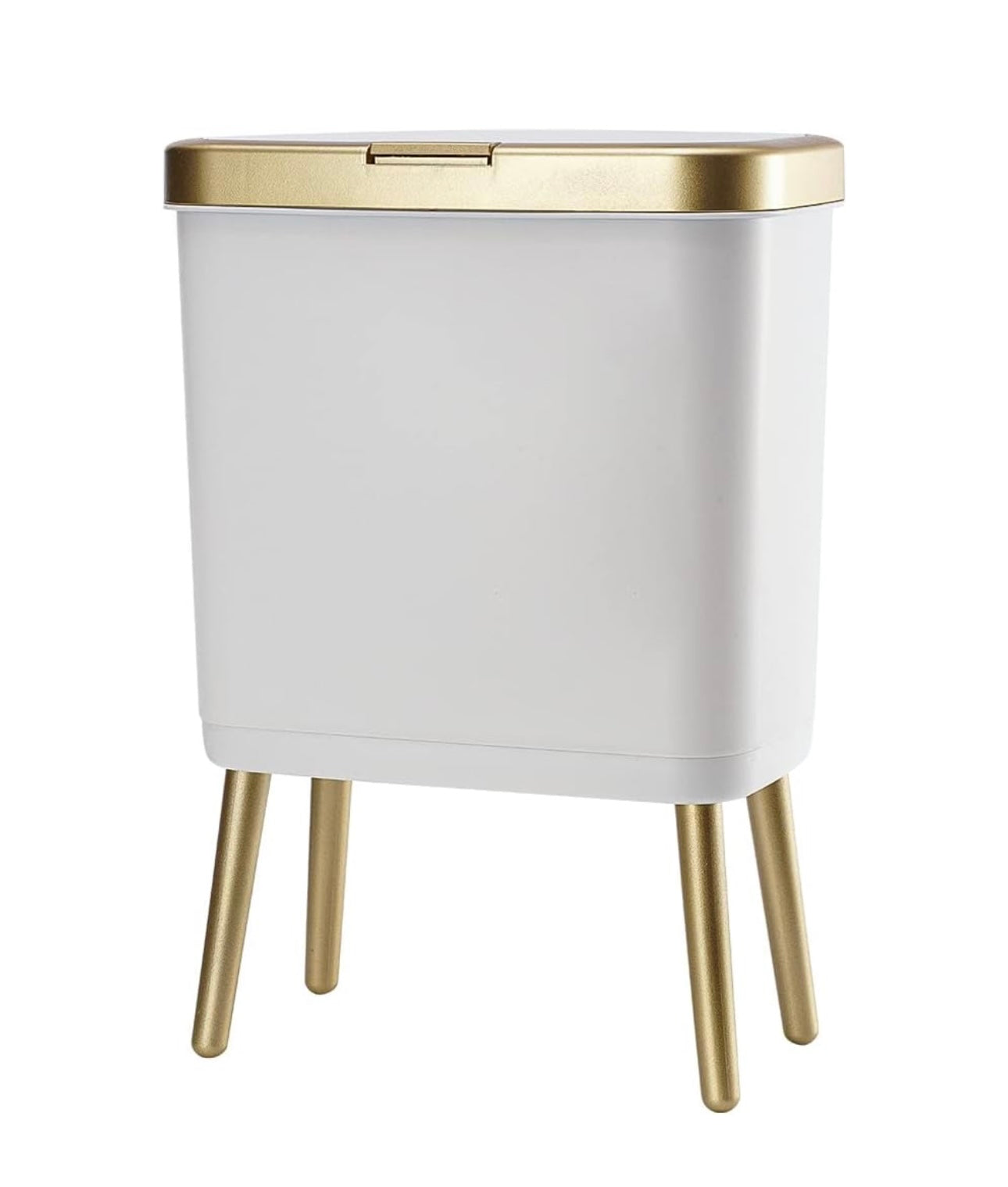 Bathroom Trash Can with Lid, Plastic Garbage Can with Lid, 4 Gal Gold Trash Bin with Push Button, Narrow White Trash Can Waste Basket for Bedroom, Living Room,Office，Dog Proof Trash Can