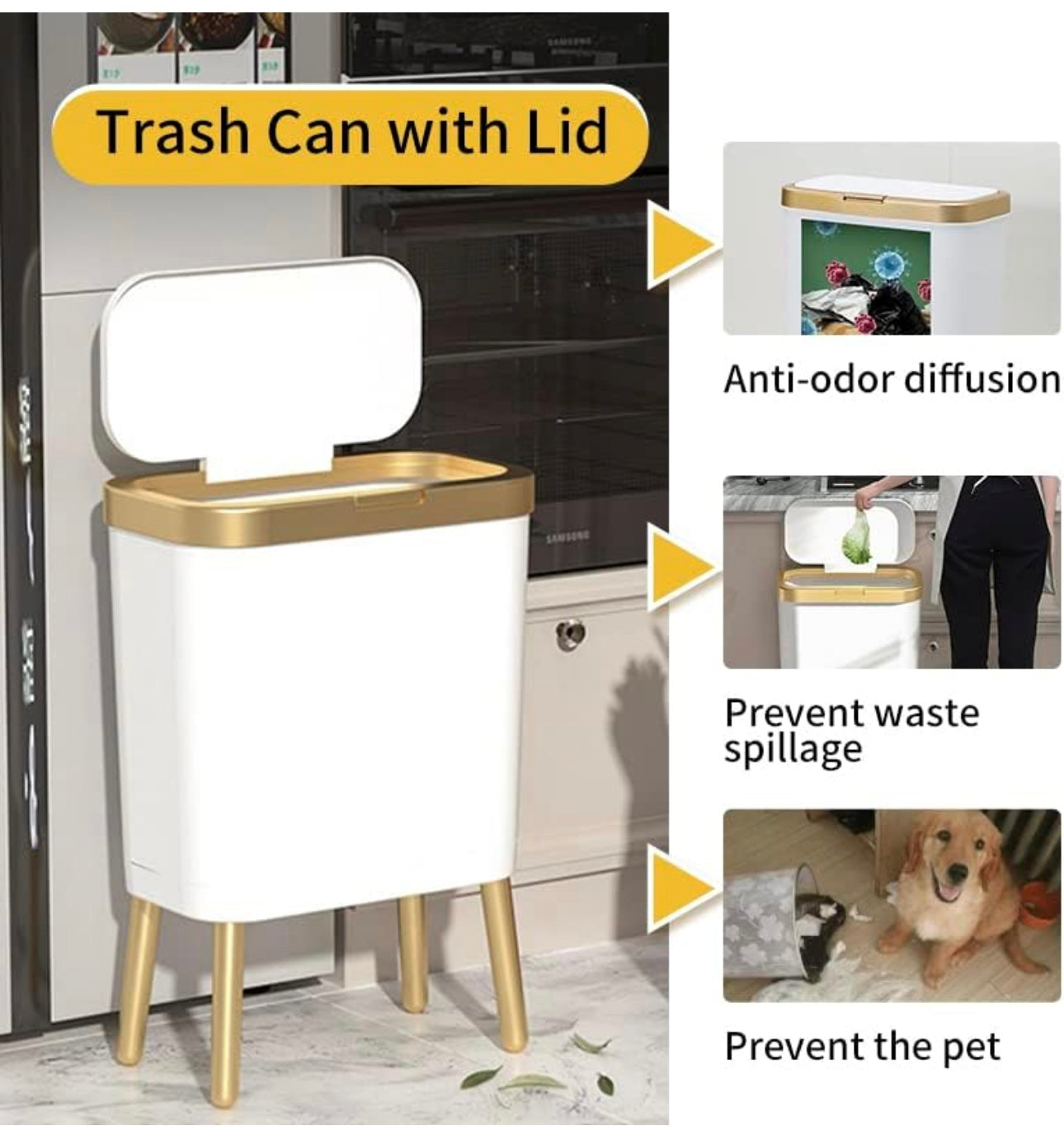 Bathroom Trash Can with Lid, Plastic Garbage Can with Lid, 4 Gal Gold Trash Bin with Push Button, Narrow White Trash Can Waste Basket for Bedroom, Living Room,Office，Dog Proof Trash Can