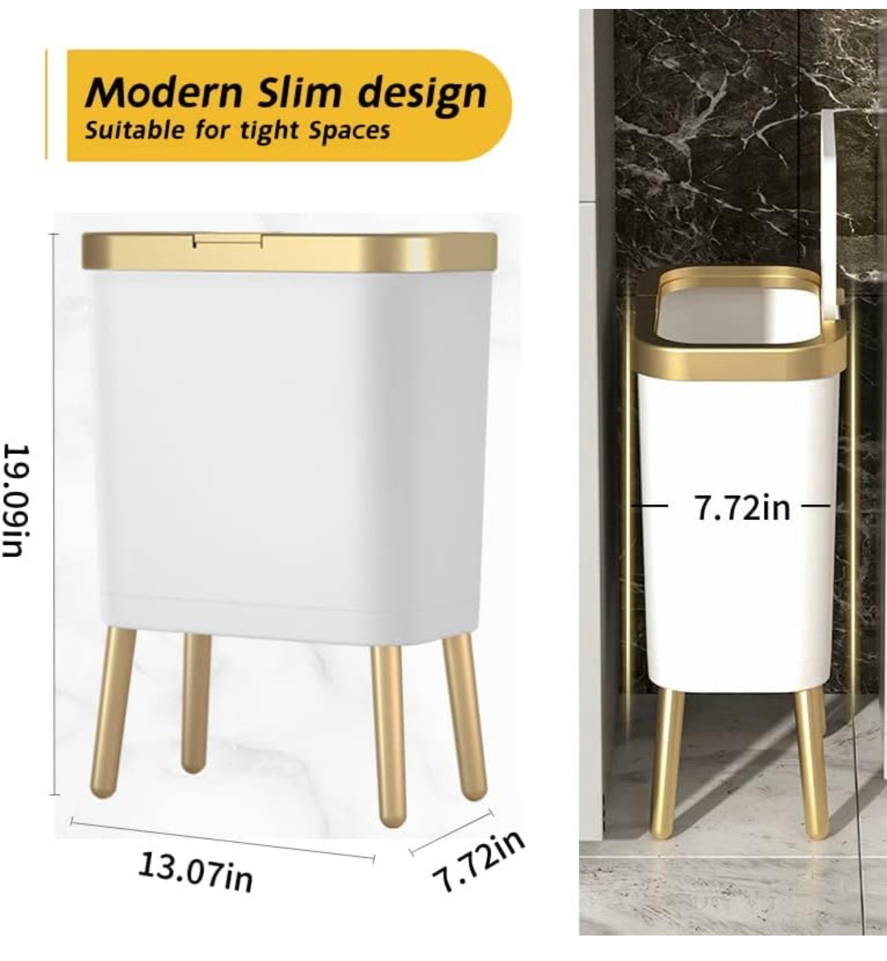 Bathroom Trash Can with Lid, Plastic Garbage Can with Lid, 4 Gal Gold Trash Bin with Push Button, Narrow White Trash Can Waste Basket for Bedroom, Living Room,Office，Dog Proof Trash Can