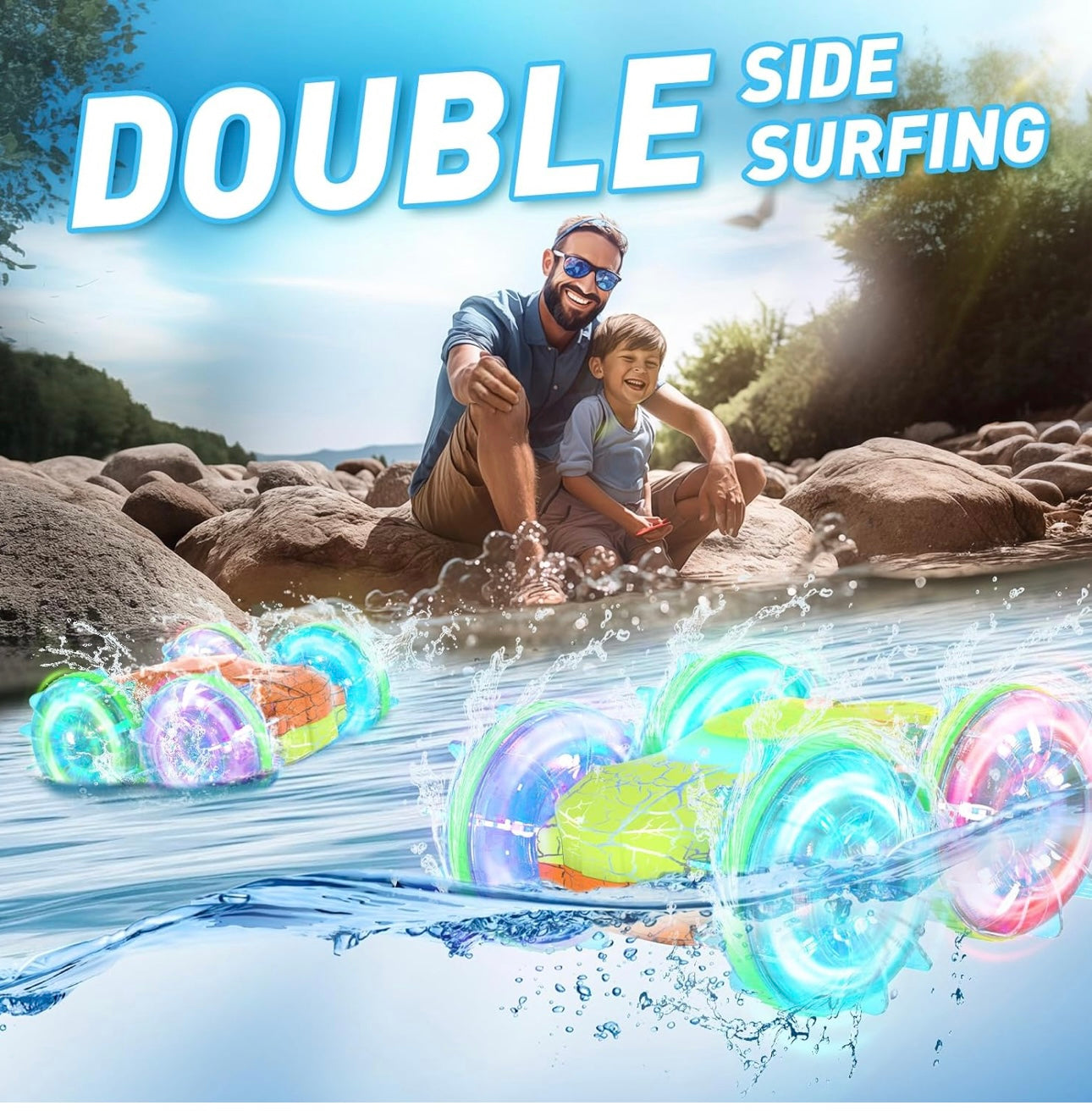 Amphibious Remote Control Car Boat, Water Pool Toys for Kids Ages 4-8-12, 2.4Ghz Gesture Sensing Stunt RC Car for Boys 6 7 9 10 Gifts for Boys, Green & Orange, BG009-1