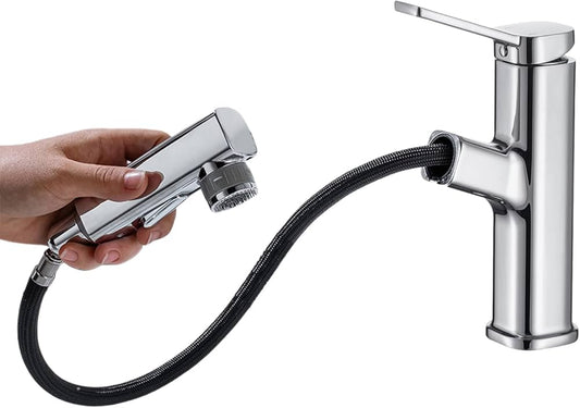 Bathroom Sink Faucet with Pull Down Sprayer Stainless Steel Bathroom Faucets Single Handle Pull Out Bathroom Faucets Basin Modern RV Vanity Farmhouse Faucet Chrome