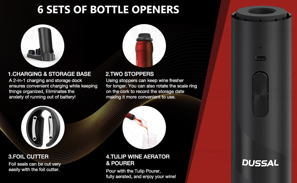 Electric Wine Opener Set, Automatic Wine Bottle Openers, 2-in-1 Aerator & Pourer, Foil Cutter, 2 Vacuum Stoppers, Charging Base, Easy Storage for Wine Lovers Gift Home Kitchen Party Bar