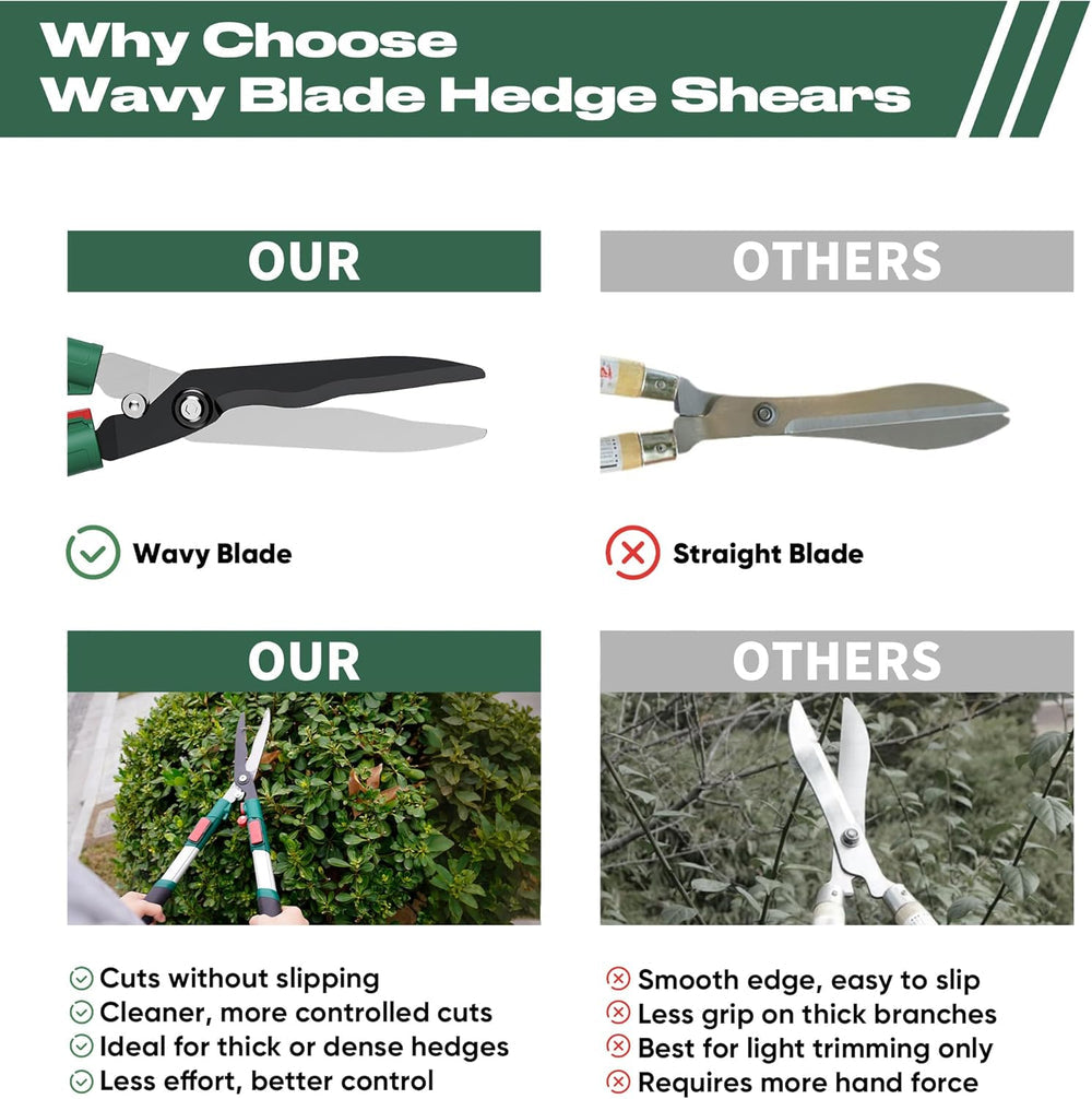 GARTOL Extendable Hedge Shears - 24 to 30 Inch Telescopic Garden Clippers with 8” Wavy SK5 High Carbon Steel Blade, Heavy Duty Manual Shrub Trimmer & Bush Shears for Boxwood, Yews & Decorative Hedges