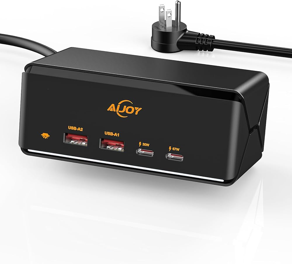 67W GaN USB C Fast Charger Block, 6-in-1 Charging Station for Multiple Devices, 5ft Extension Cord with 2 AC, 2 USB-A, 2 USB-C Power Strip Adapter for Desktop/Office Accessory and Nightstand