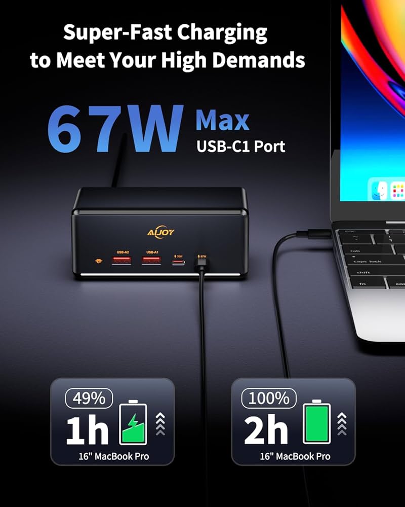 67W GaN USB C Fast Charger Block, 6-in-1 Charging Station for Multiple Devices, 5ft Extension Cord with 2 AC, 2 USB-A, 2 USB-C Power Strip Adapter for Desktop/Office Accessory and Nightstand