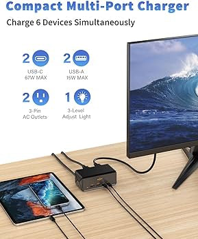 67W GaN USB C Fast Charger Block, 6-in-1 Charging Station for Multiple Devices, 5ft Extension Cord with 2 AC, 2 USB-A, 2 USB-C Power Strip Adapter for Desktop/Office Accessory and Nightstand