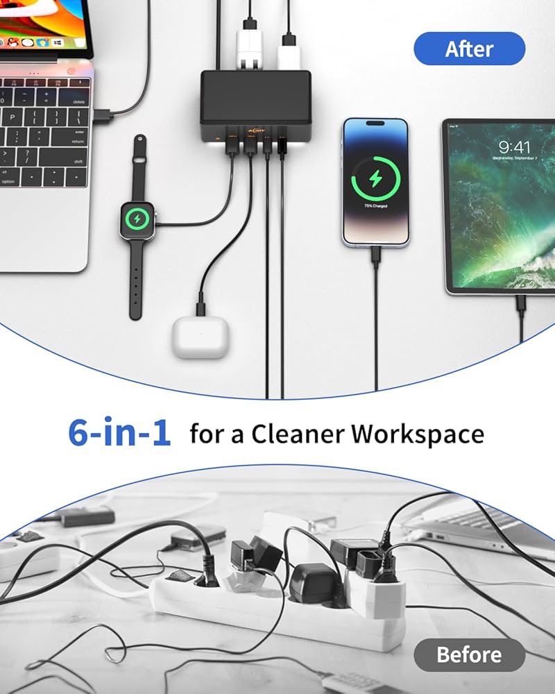 67W GaN USB C Fast Charger Block, 6-in-1 Charging Station for Multiple Devices, 5ft Extension Cord with 2 AC, 2 USB-A, 2 USB-C Power Strip Adapter for Desktop/Office Accessory and Nightstand