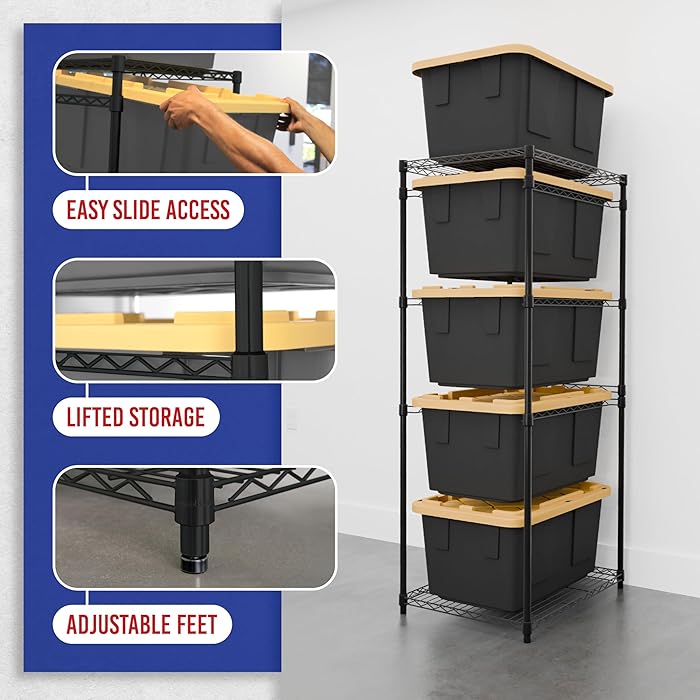 SafeRacks 5-Tier Steel Tote Rack - Maximize Space, Declutter, Organization, NSF Certified, Bin Storage for Garage, Pantry, Kitchen, Workspace, 5 Shelves, 31″ x 23″ x 68″, Black