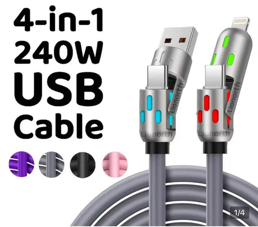 4-in-1 Fast Charging Cable with LED Indicator, 5ft 240W USB C Multi Charger Cord, Universal Cable with Lightning/Micro-USB/Type-C Ports for All Phones, Tablets and Power Banks (Black)