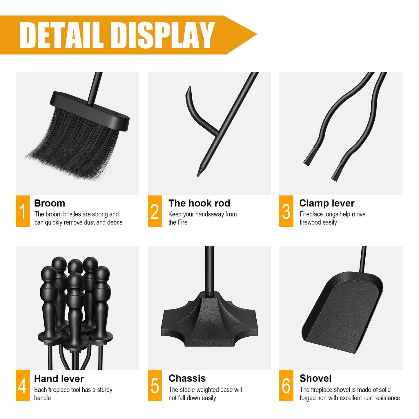 5pcs Fireplace Tool Heavy Duty Set - Stand Alone Fire Place Set - Fireplace Accessories Include Long Fire Poker, Shovel/Scooper, Tongs, Brush, Stand, for Outdoor Indoor Fire Pit