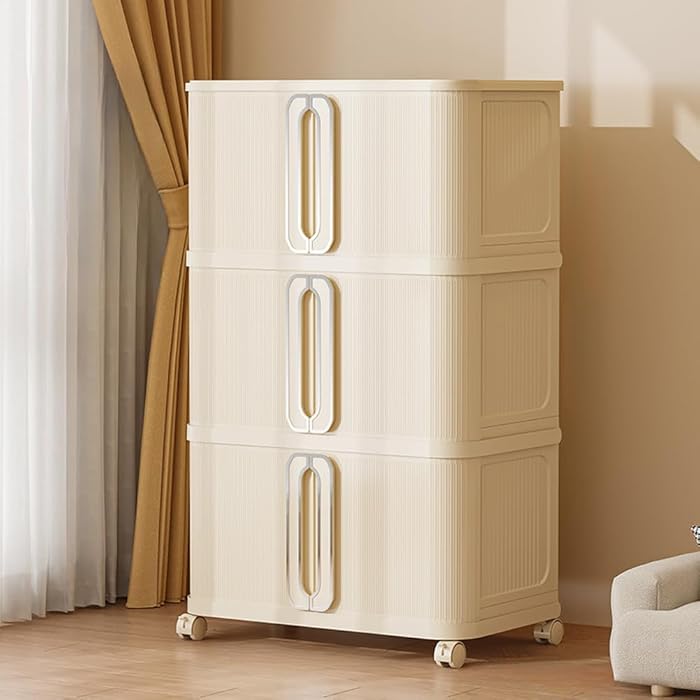 Stackable Storage Bins with Lid,Collapsible Storage Bins for Closet Organizers,Foldable Plastic Sliding Door Box Containers for Home Office Dorm (21.65"×12.99"×12.99",White,3)