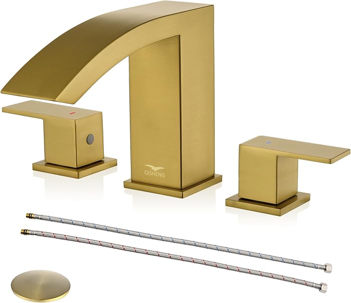 Brushed Nickel Waterfall Bathroom Faucet, 8 Inch 3 Hole Widespread Bathroom Faucet with Pop Up Drain and Hose, Two Handles for Basin Lavatory Vanity