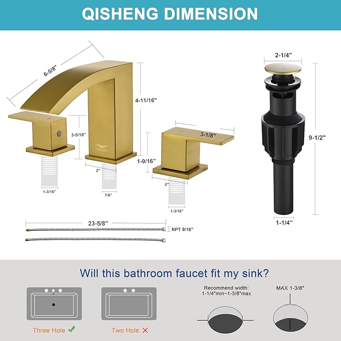Brushed Nickel Waterfall Bathroom Faucet, 8 Inch 3 Hole Widespread Bathroom Faucet with Pop Up Drain and Hose, Two Handles for Basin Lavatory Vanity