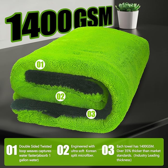 1400GSM Car Drying Towel(48" x 24"),Microfiber Towels for Cars Detailing -Absorbs 9lbs of Water, Ultra-Absorbent, Streak-Free, Scratch-Free, No Water Spots, Double-Twist Pile & Edgeless