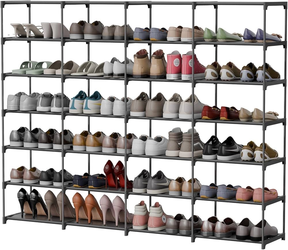 Large Shoe Rack 4 Row 7 Tier Stackable Storage Organizer Shelf 56-70 Pairs Sneaker Sturdy Shoes Cabinet Holder Cubby with Plastic Sheets for Entryway Closet Garage
