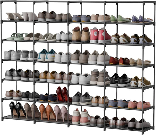 Large Shoe Rack 4 Row 7 Tier Stackable Storage Organizer Shelf 56-70 Pairs Sneaker Sturdy Shoes Cabinet Holder Cubby with Plastic Sheets for Entryway Closet Garage