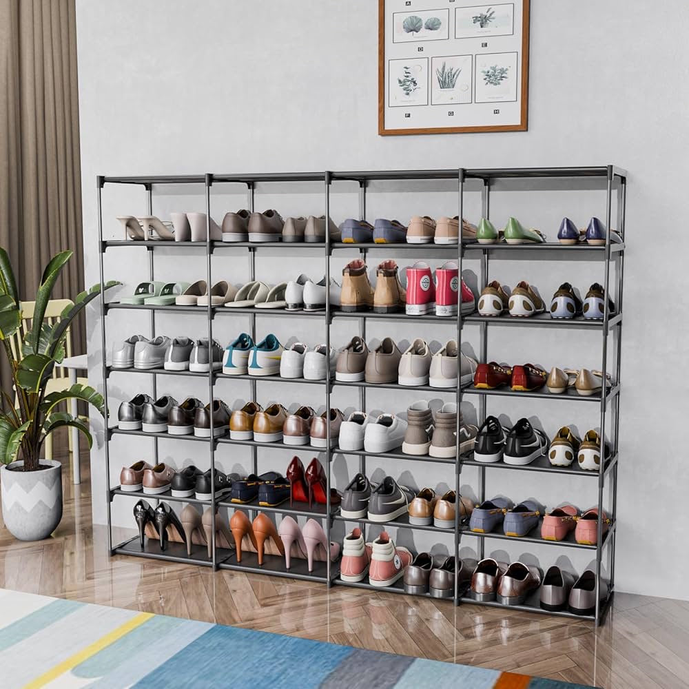 Large Shoe Rack 4 Row 7 Tier Stackable Storage Organizer Shelf 56-70 Pairs Sneaker Sturdy Shoes Cabinet Holder Cubby with Plastic Sheets for Entryway Closet Garage