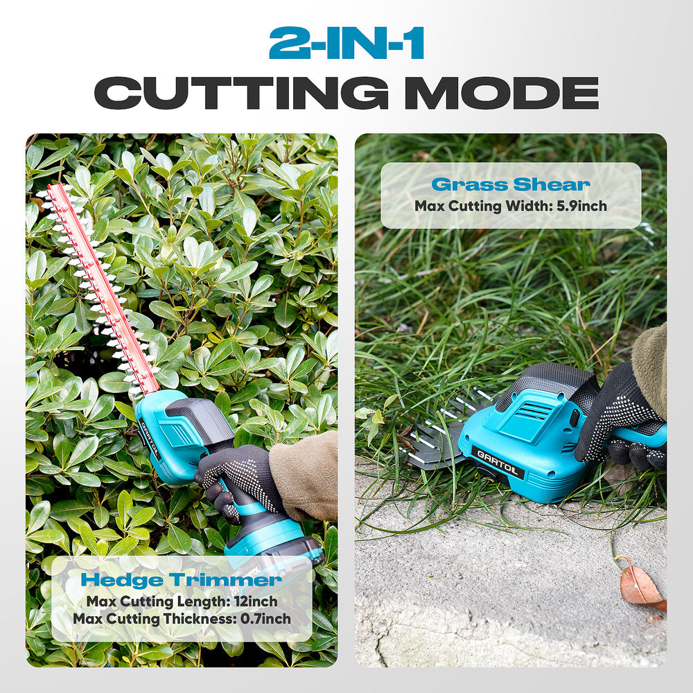 GARTOL 2-in-1 Cordless Hedge Trimmer & Grass Shears, Compatible with Makita 18V Battery, 20V Handheld Bush Trimmer with 12" & 6" Blades, Battery & Charger Included, Lightweight Bush Clipper for Yard