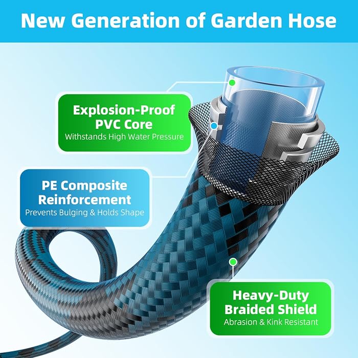 Garden Hose, Non-Expandable Water Hose 100ft, Flexible, Kink & Leak Proof Water Pipe with 10-Function Spray Nozzle, Lightweight Outdoor Hose for Yard, Lawn, Car Wash, RV and Home Use