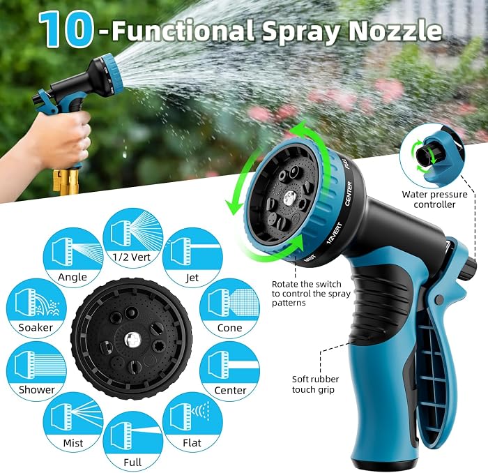 Garden Hose, Non-Expandable Water Hose 100ft, Flexible, Kink & Leak Proof Water Pipe with 10-Function Spray Nozzle, Lightweight Outdoor Hose for Yard, Lawn, Car Wash, RV and Home Use