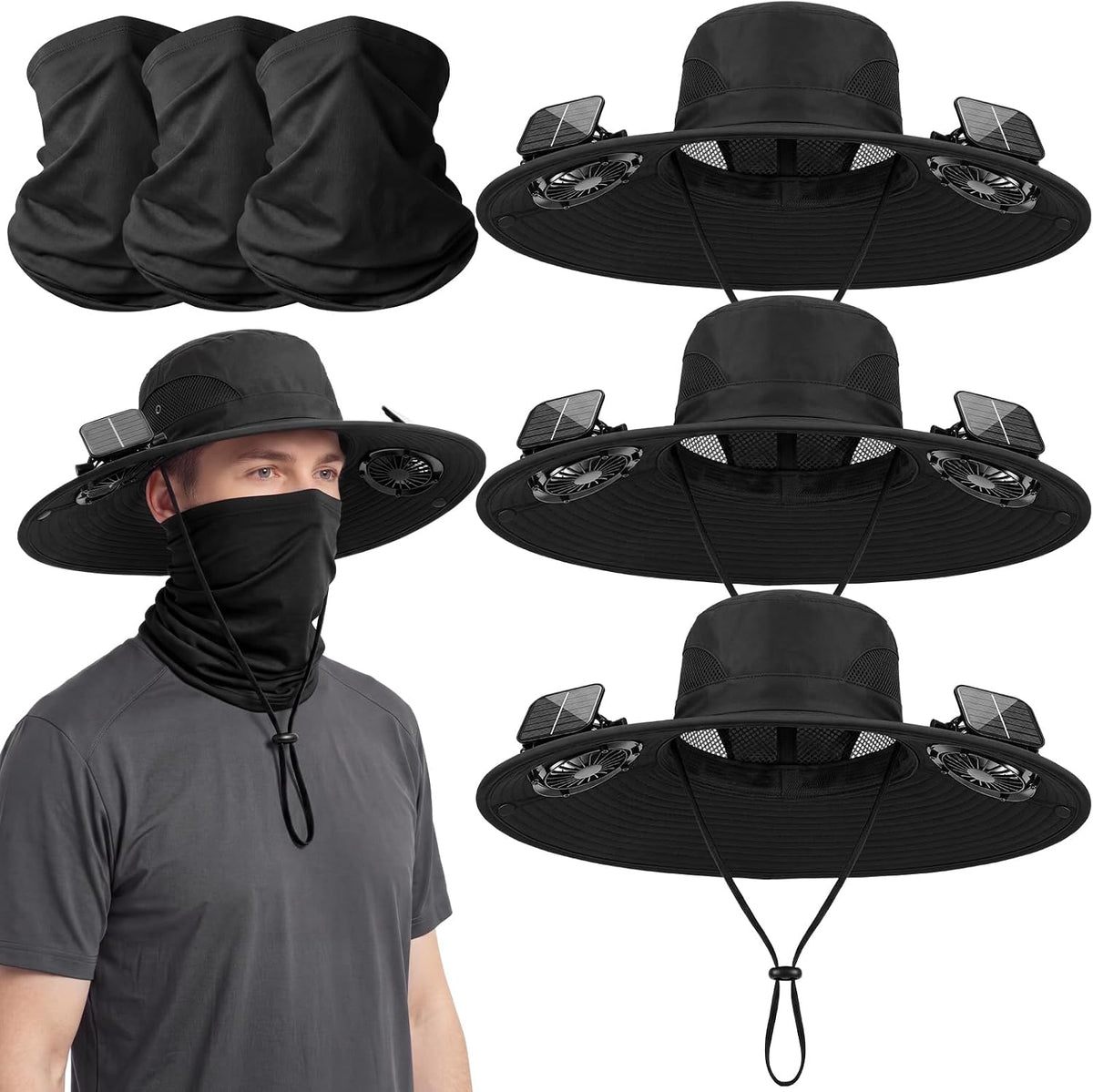 Solar Fan Sun Hats with Neck Gaiter for Men Women, Wide Brim Bucket Cap USB Charging for Summer Outdoor Fishing