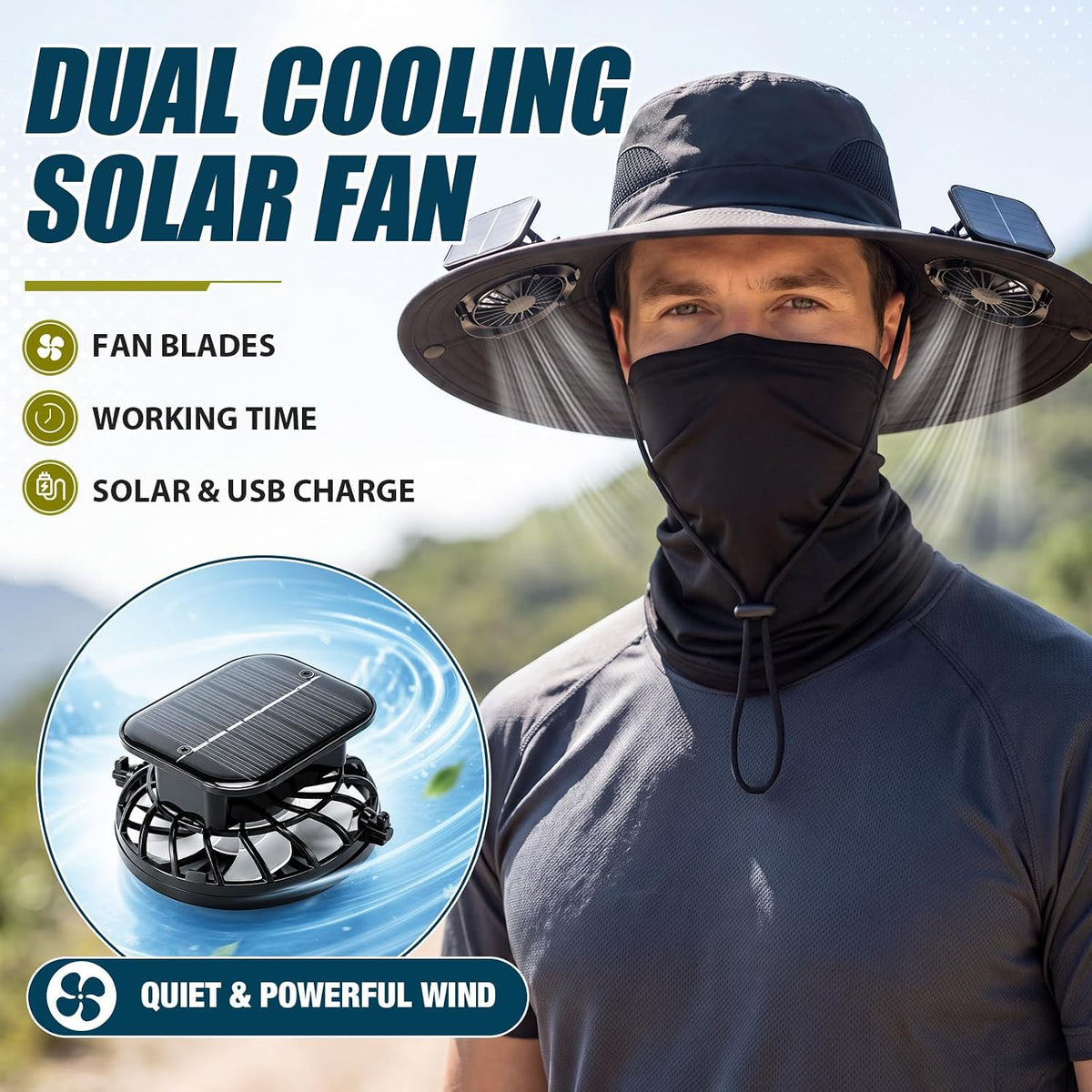 Solar Fan Sun Hats with Neck Gaiter for Men Women, Wide Brim Bucket Cap USB Charging for Summer Outdoor Fishing