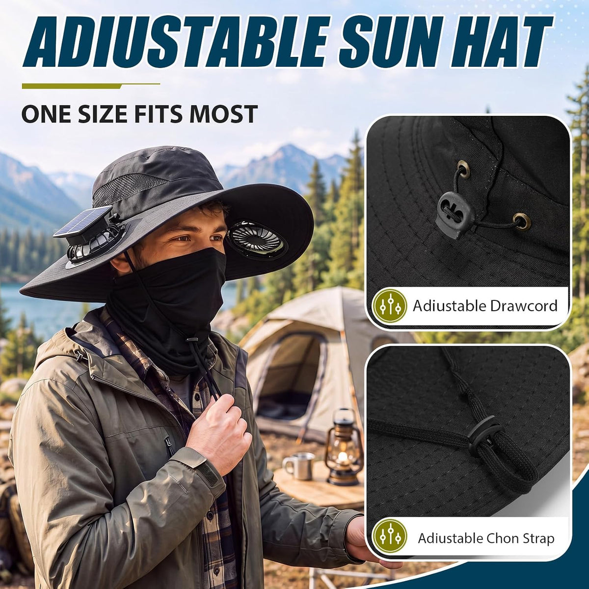 Solar Fan Sun Hats with Neck Gaiter for Men Women, Wide Brim Bucket Cap USB Charging for Summer Outdoor Fishing