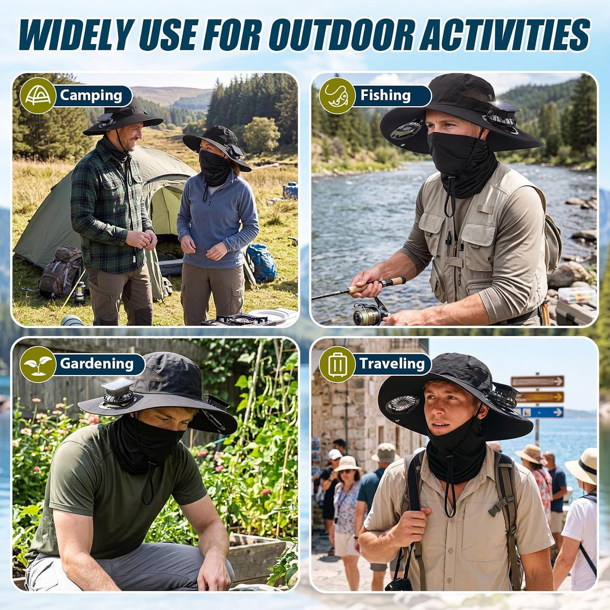 Solar Fan Sun Hats with Neck Gaiter for Men Women, Wide Brim Bucket Cap USB Charging for Summer Outdoor Fishing