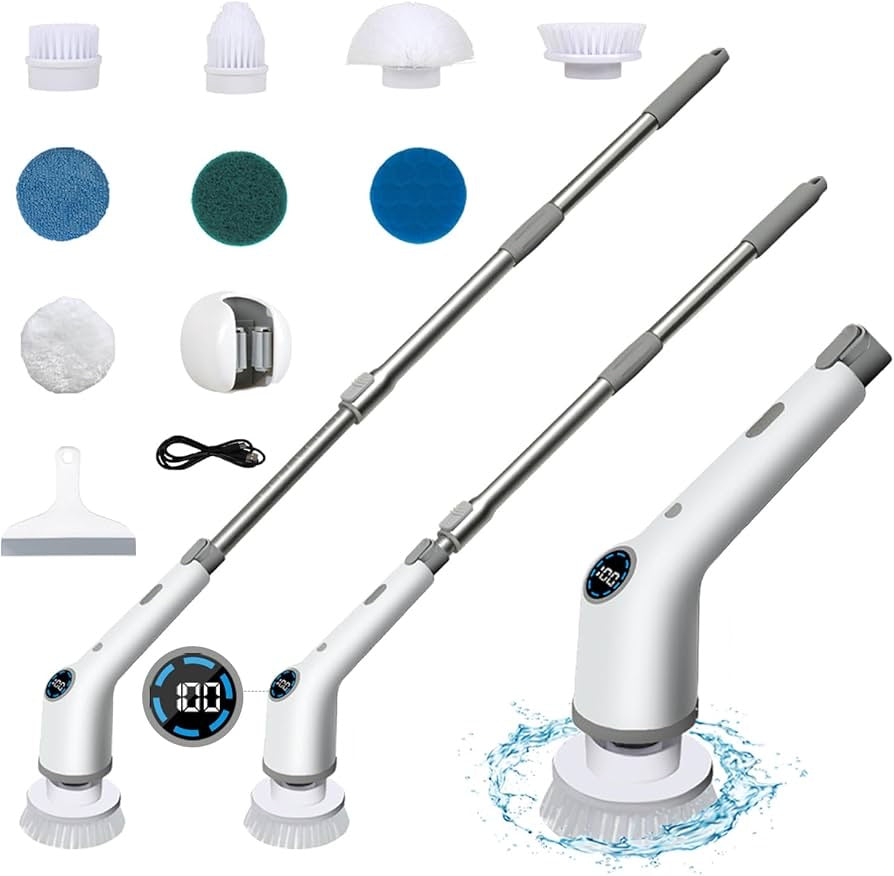 Electric Spin Scrubber, 2023 New Cordless Shower Scrubber with 9 Replacement Head, Plus Water Scraper, Mop Holder, 3 Adjustable Speeds and Adjustable Extension Handle for Bathtub Kitchen Floor