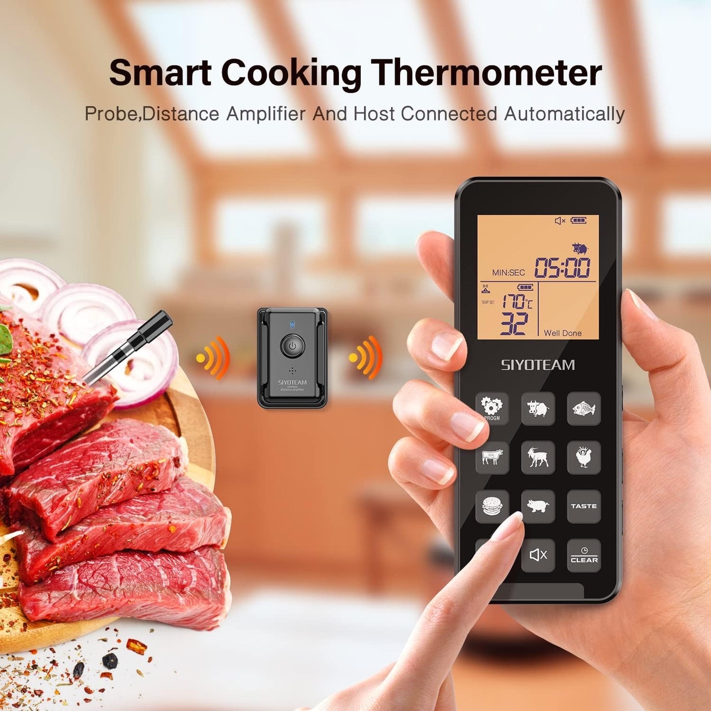 Wireless Meat Thermometer, Meat Thermometer Wireless for Grilling and Smoking, Pre-Programmed Temperatures, 200FT Remote Range | for Oven, Grill, Kitchen, BBQ, Smoker